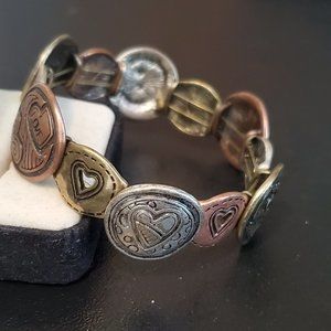 4 Tone Love Theme Stretch Bracelet Hearts Bronze